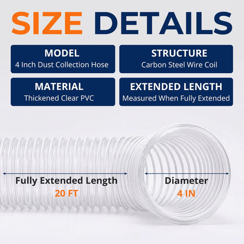 Kickass 4 Inch Pvc Dust Collection Hose 20 Feet Long Steel Coiled Anti Kink Flexible Exhaust Tubing user size details with clear PVC.
