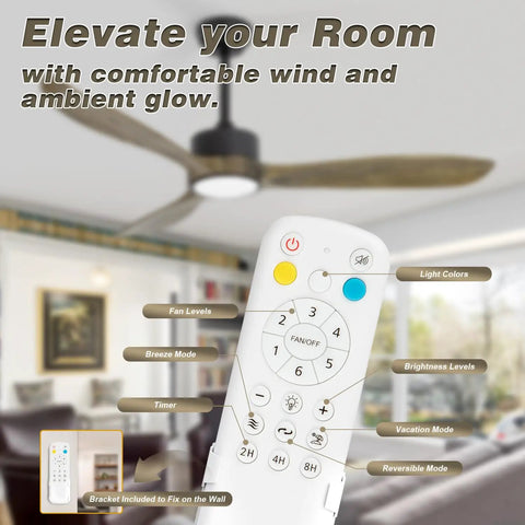 52 Inch Wood Ceiling Fan With Lights And Remote 120V DC Motor Quiet Indoor Outdoor Noiseless Reversible Ceiling Fan
