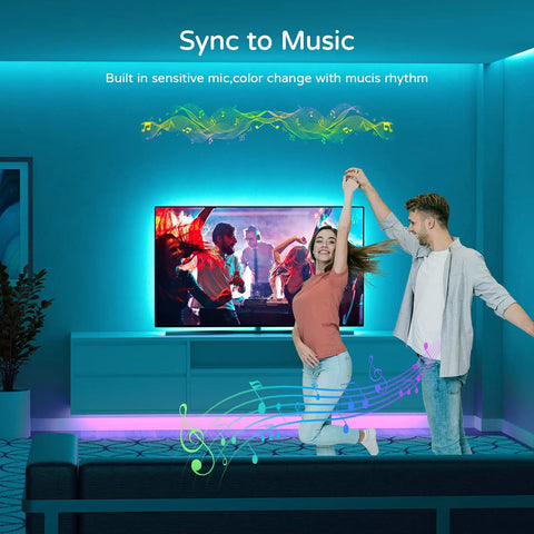 Couple dancing with Chill USB TV Backlight Strip for 60 to 72 Inch TVs 14.9 Foot RGBW Color Changing Bias Lighting with music sync.
