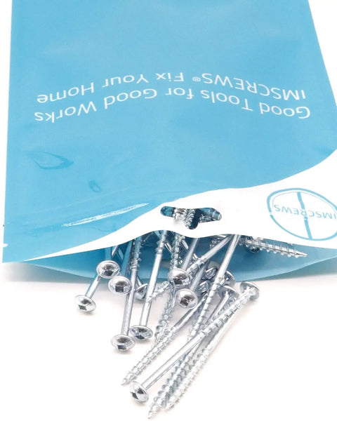 Pocket Hole Wood Screws 50 Count Number 8 By One And A Quarter Inch Square Drive Washer Head Coarse Thread Zinc Coated spilling from blue bag