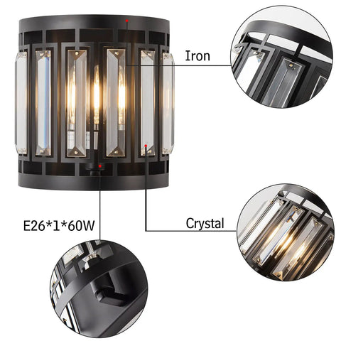4 Light Crystal Bathroom Vanity Light Bar In Black Over Mirror, Modern Industrial Glam For Farmhouse Villa Resort Hotel Bathroom, G9 Base Bulbs Not Included, detailed close-up of crystal and iron design elements.
