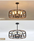 Rustic Black Wood Drum Chandelier With Eight Lights 23.25 Inch Diameter Modern Industrial Pendant Lighting, light on and off view.