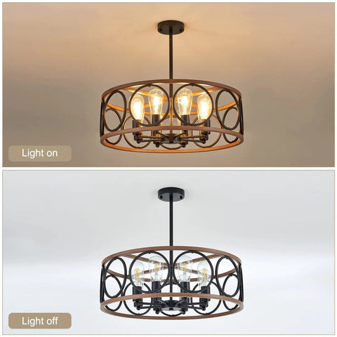 Rustic Black Wood Drum Chandelier With Eight Lights 23.25 Inch Diameter Modern Industrial Pendant Lighting, light on and off view.