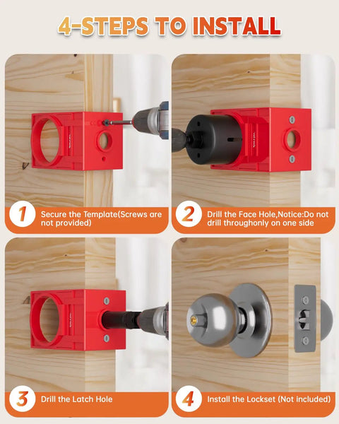 Heavy Duty Door Hinge Jig And Lock Installation Kit Solid Aluminum Router Template For Hinge Mortising And Knob Drilling Built Tough Weekend Warrior Tool Set shown in four-step installation guide.