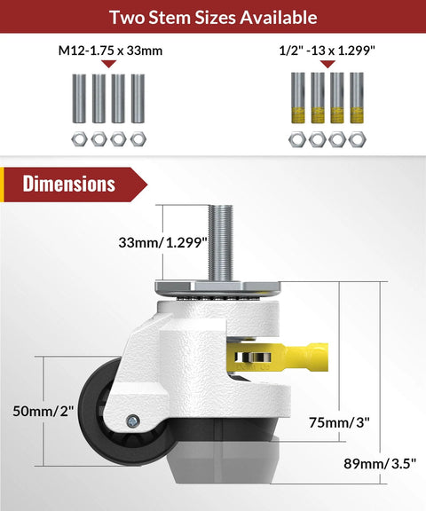 Diagram showing two stem sizes for Leveling Stem Casters Set Of 4 Heavy Duty Retractable Caster Wheels With Half Inch And M12 Threaded Stem Options