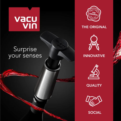 Vacu Vin wine saver pump highlighting quality and innovation with swirling red wine.