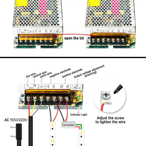 Diagram showing AC 100 to 240V to DC 12V 16.5A 198W Switching Power Supply Converter connections for LED strips and CCTV systems.