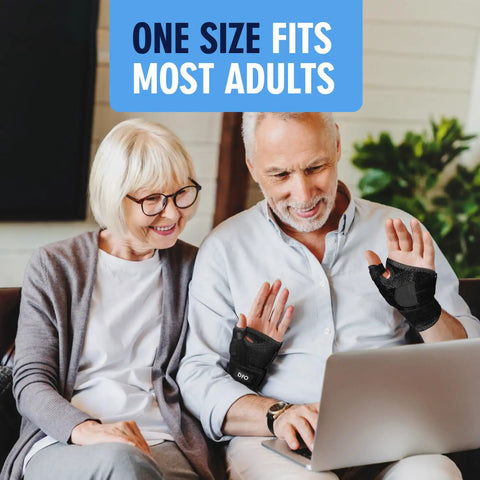 Couple using Copper Infused Thumb Brace With Reversible Spica Splint For Pain Relief, typing on laptop, one size fits most