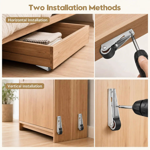 No Sweat Six Pack Mini Rigid Caster Wheels Low Profile Silver Smooth Rollers Fixed Non Swivel Furniture Gliders shown in horizontal and vertical installation.