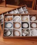 Dope Wooden Velvet Jewelry Organizer Tray With Nine Grid Compartments Stackable Ring Earring Necklace Valet Dish with bracelets and rings.