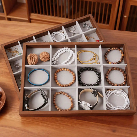 Dope Wooden Velvet Jewelry Organizer Tray With Nine Grid Compartments Stackable Ring Earring Necklace Valet Dish with bracelets and rings.