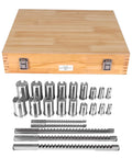 Pro Keyway Broach Kit for Metalworking, 30 Piece Set with 5 Broaches, 18 Bushings, 7 Shims displayed with wooden case