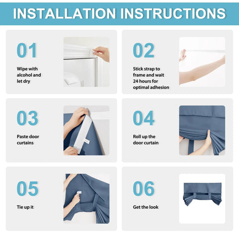 Installation instructions for Room Darkening French Door Curtain Panel in Stone Blue 26x80 inches with sticky straps.