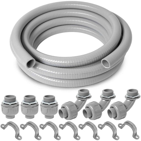 Flexible Liquid Tight PVC Electrical Conduit Kit 1 Inch Diameter, 25 Feet Length, Non Metallic Grey with fittings and straps