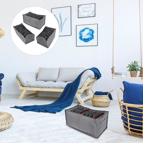 Nine Compartment Fabric Drawer Organizers Designed For Sick Bedroom Storage Setup with compartments for sorting tees and bras in grey