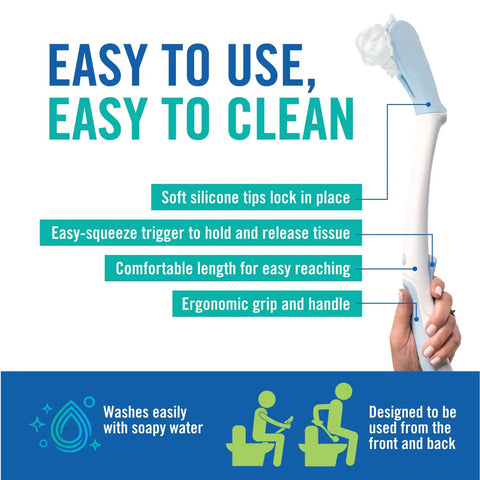 Portable Travel Toilet Aid With 17 Inch Reach, easy to clean, ergonomic grip, self-wiping comfort, and trigger release shown.