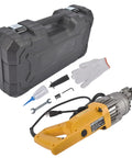 Heavy Duty 900W Electric Hydraulic Rebar Cutter with case, gloves, and accessories for construction use.