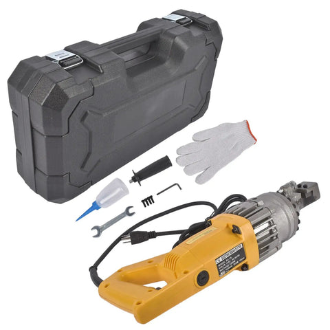 Heavy Duty 900W Electric Hydraulic Rebar Cutter with case, gloves, and accessories for construction use.