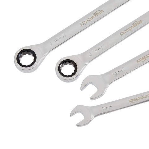 Metric Ratcheting Wrench Set 5 Piece With 72 Tooth Ratchet Chrome Vanadium Steel Construction Built For Tough As Nails Jobs Includes 10mm 11mm 13mm 14mm 15mm Sizes In Black And Silver Finish, detailing 10mm to 14mm sizes.
