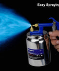 Heavy Duty Suction Feed Air Spray Gun With Nickel Plated Body For Latex Enamel And Stains Includes Filter Cleaning Kit showing blue spray.