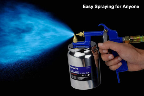 Heavy Duty Suction Feed Air Spray Gun With Nickel Plated Body For Latex Enamel And Stains Includes Filter Cleaning Kit showing blue spray.