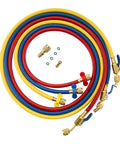 Lichamp A2L refrigerant hose set with ball valves, 60-inch red, blue, and yellow hoses with brass adapters (3-pack)