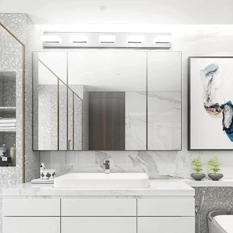 Modern Stainless Steel 3 Light LED Vanity Light Fixture With Frosted White Acrylic Shades, Cool White 6000K Vanity Bath Bar For Bathroom