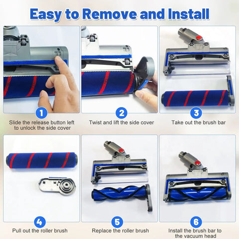 Step-by-step guide to removing and installing Cordless Vacuum Head Attachment For V7 To V15, showcasing dual roller brushes.