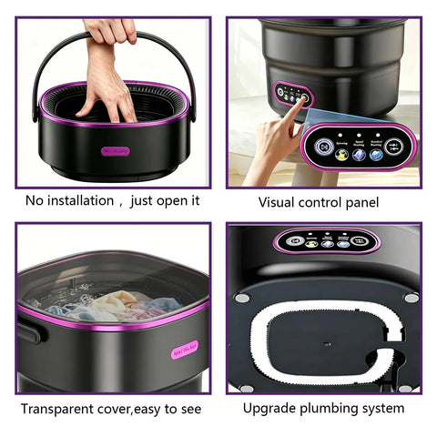 Boss Grade Portable Mini Washing Machine Foldable Layout for Apartments RVs and Dorm Rooms showing visual control panel, transparent cover, and handle.