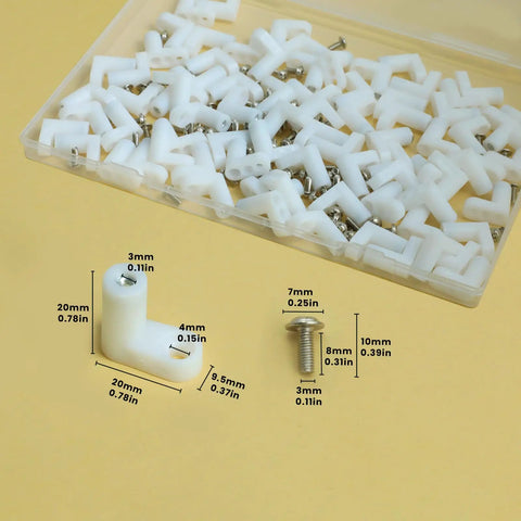Eighty PCS L Shape Plastic Motherboard Standoffs With Eighty Matching Screws For PC Circuit Boards And Gaming Rigs shown with detailed dimensions.