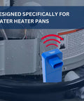 Blue Model Water Leak Alarm For Water Heaters And Pans placed in a water heater pan, emitting alert signal waves.