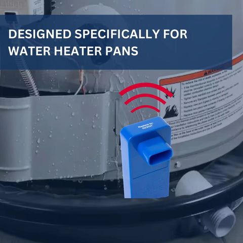 Blue Model Water Leak Alarm For Water Heaters And Pans placed in a water heater pan, emitting alert signal waves.