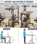 Rolling Standing Desk With Power Outlets And USB Ports, 32 Inch Manual Height Adjustable Mobile Computer Desk On Wheels, Sit Stand Laptop Couch Table For Bed And Sofa, Rustic Brown in office setting with height adjustment feature illustration.