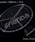 Front view of clear acrylic 300 mm round center finder circle gauge with degree markings for drawing circles and lathe work.