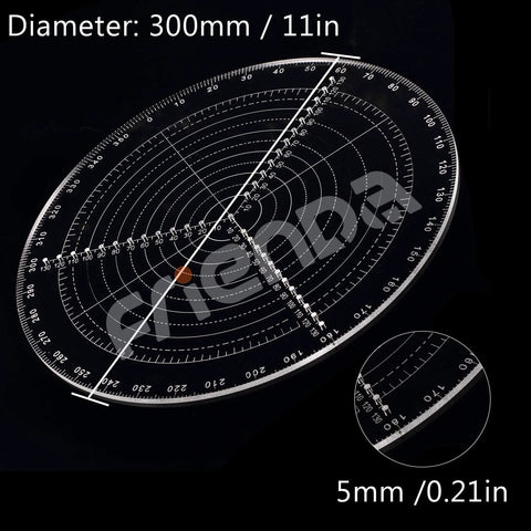 Front view of clear acrylic 300 mm round center finder circle gauge with degree markings for drawing circles and lathe work.
