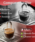 Before and after comparison of coffee flow using Four Roll Heavy Duty Coffee Filter Paper Game Changer Compatible With Commercial Brewers.