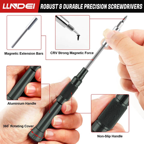 47 In 1 Precision Electronics Screwdriver Set featuring aluminum handle, magnetic extension, non-slip grip, and rotating cover