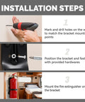 Installation steps for 5 Pack Fire Extinguisher Mount Brackets 5 lb Metal Strap Holder showing drilling, mounting, and positioning.