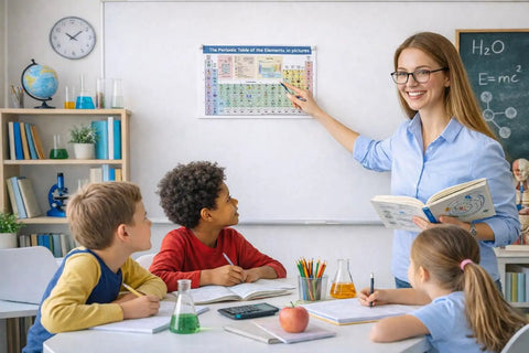 Teacher uses Periodic Table Learning Chart Laminated Chemistry Study Tool for Classrooms and Homeschool Wall Reference 8.5 by 11 Inches