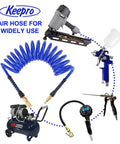 Heavy Duty 1/4 Inch ID Polyurethane Recoil Air Hose 10 Feet Long Air Compressor Line With Solid Brass Quick Connect Plug 145 PSI Max Pressure Blue, coiled with air tools.
