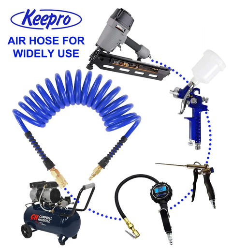 Heavy Duty 1/4 Inch ID Polyurethane Recoil Air Hose 10 Feet Long Air Compressor Line With Solid Brass Quick Connect Plug 145 PSI Max Pressure Blue, coiled with air tools.