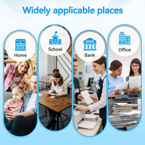 Image showing icons for home, school, bank, and office environments with people using ink cartridges in each setting.
