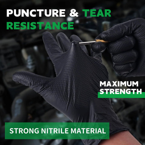 Black nitrile disposable gloves with 3D diamond texture for heavy-duty mechanic tasks.