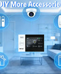 Wireless Home Security Alarm System Kit With 4G LTE And WiFi setup in living room, showing accessories and touch-screen control, DIY options.