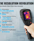 Handheld thermal imaging camera with 240x180 IR resolution and 25Hz refresh rate, showing temperature range and sensitivity specs.