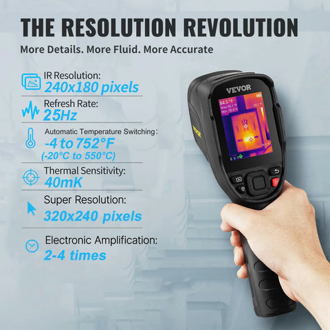 Handheld thermal imaging camera with 240x180 IR resolution and 25Hz refresh rate, showing temperature range and sensitivity specs.