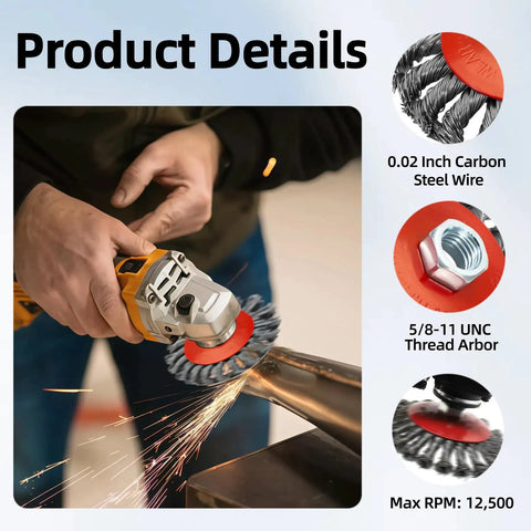 Five Pack 4 Inch Twist Knotted Wire Wheel Brush For Angle Grinder with 5/8-11 Arbor in use for metal prep