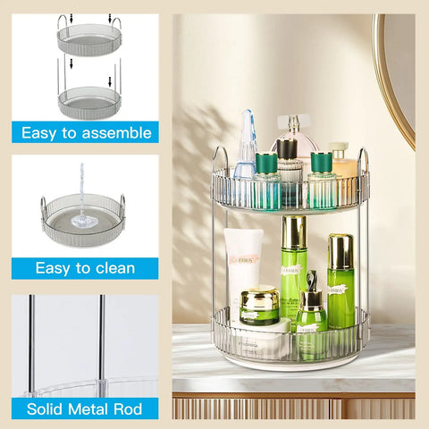 360 Degree Rotating Makeup Organizer With 2 Tier Lazy Susan Vanity Countertop Organizer For Skincare Haircare Perfume and Beauty Essentials In Classic Grey on display