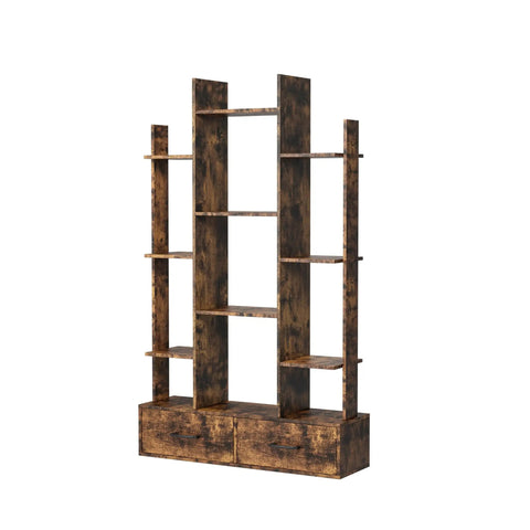 Vintage Industrial Freestanding Bookcase With 12 Shelves And 2 Drawers In Rustic Brown Finish For Living Room Bedroom Study Or Home Office