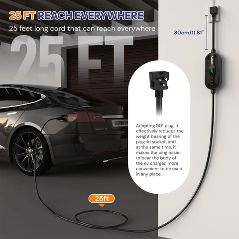 Tesla Level 1 2 EV Charger With WiFi App Plug And Play 16A 240V NEMA 6 20P Cable 25 Ft ETL Certified on a garage wall